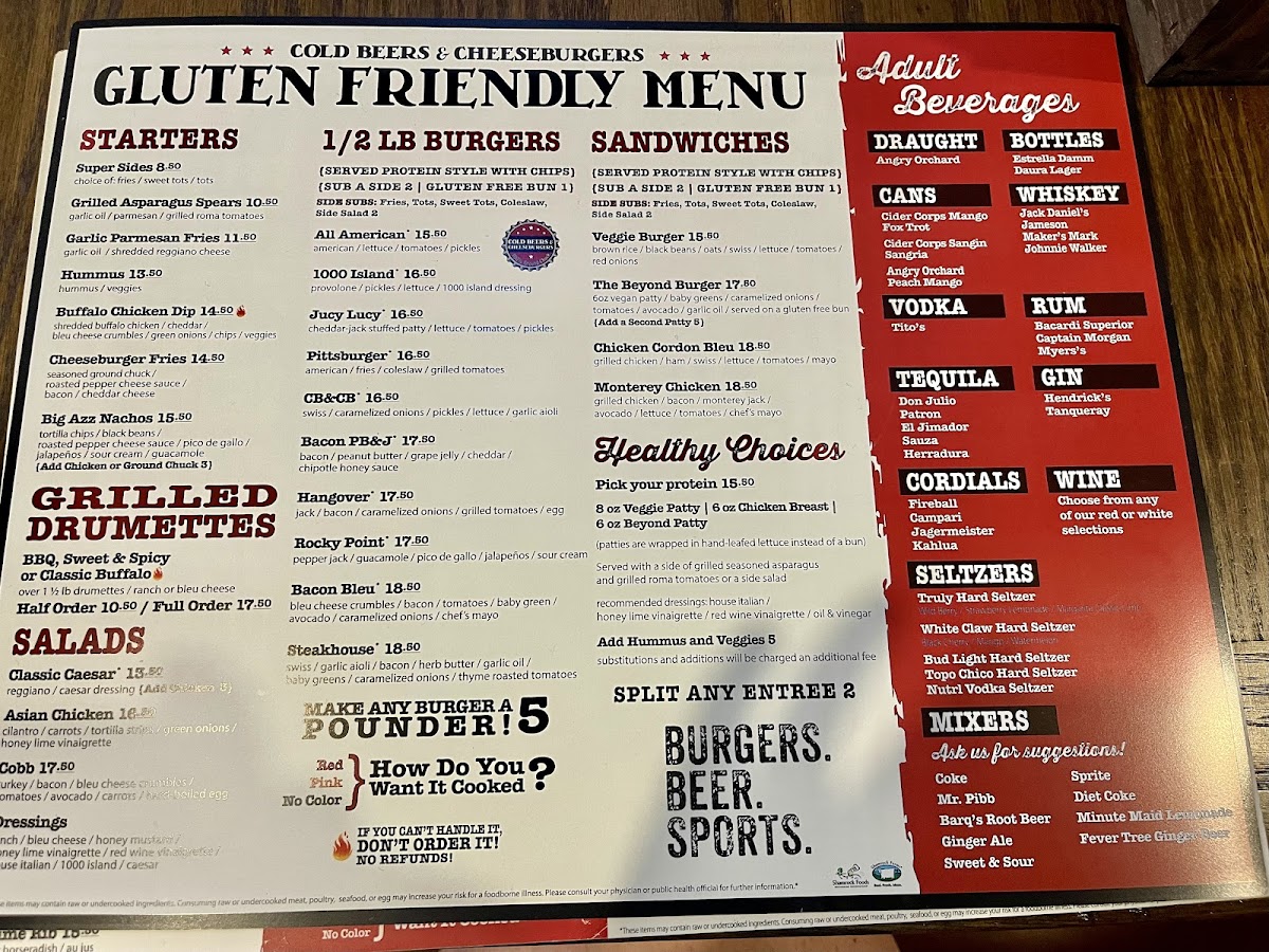 Cold Beers & Cheeseburgers gluten-free menu