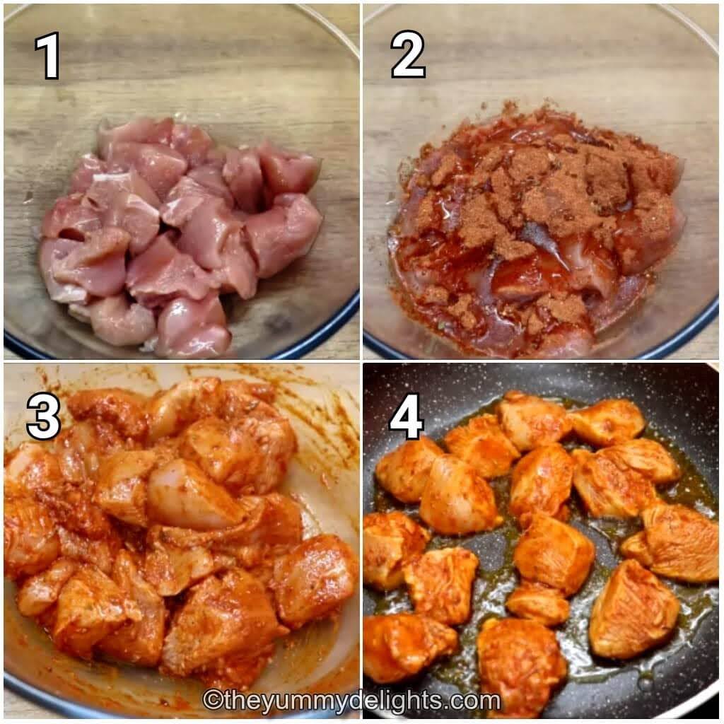 step by step image collage of cajun chicken marinade and pan-frying the chicken.