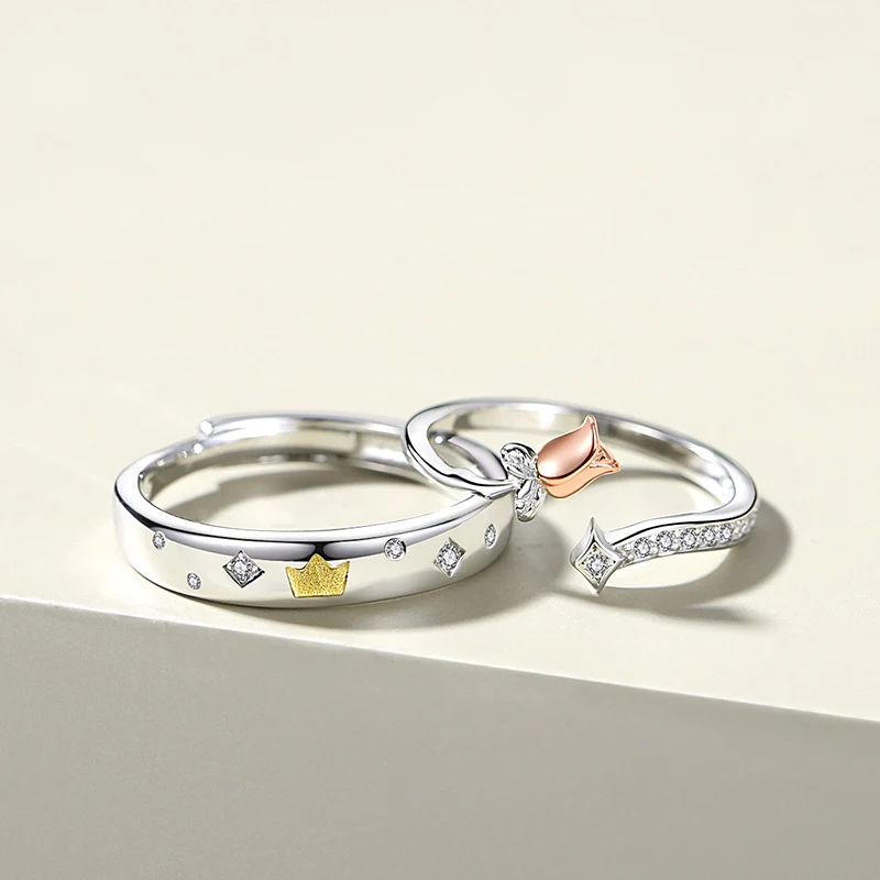 Anillo de pareja de plata de ley El Principito y las rosas, simbolizando amor y conexión. Regalo romántico perfecto.