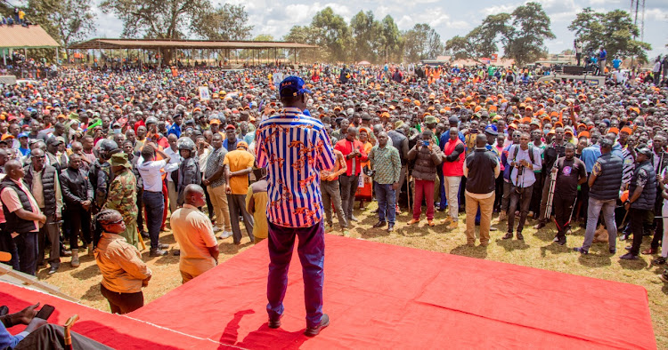 ODM leader Raila Odinga addressing the residents of Kitale on July 22,2022.