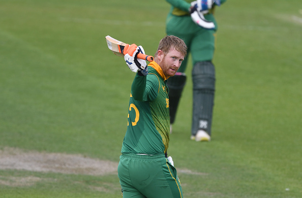 Proteas top order batter Heinrich Klaasen celebrates his century during the warm-up match against England Lions at New Road in Worcester, England.