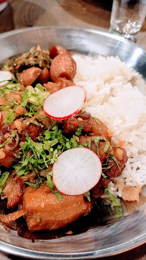 Danwei Canting meat dish served with rice and seasonal pickles of Hong Shao Rou wtih red cooked pork belly with star anise, cinnamon, fennel seed, and crispy skin