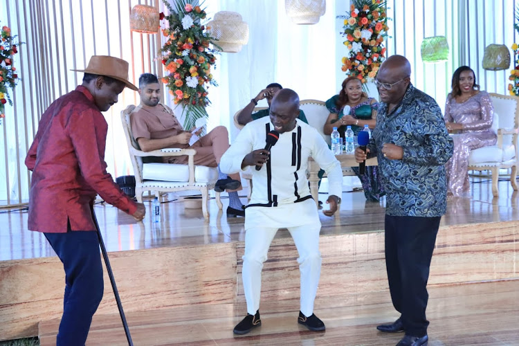 Wiper leader Kalonzo Musyoka does a jig during the wedding ceremony at Maanzoni in Machakos on May 11, 2024.