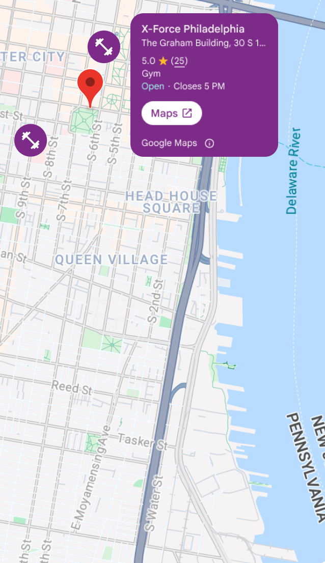 A map of a Philadelphia neighbourhood with Places data about nearby sports and recreation facilities.