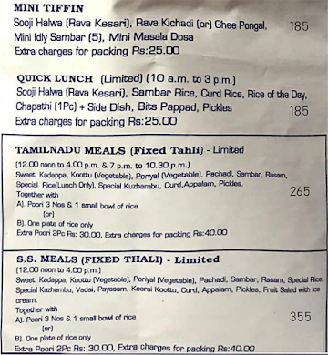 Saravana Bhavan menu 