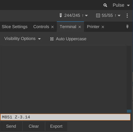 The Terminal is a straightforward window showing you all communication made back and forth with your Pulse or other 3D printer.