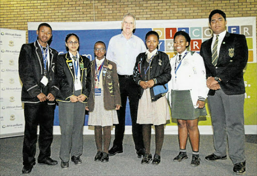 FUTURE HOPE: Gold medallists at the recent Mthatha regional Eskom Expo for young Scientists, were, from left, Ongeziwe Vellem ( Attwell Madala High School), Uzma Shaikh (Umtata High School in Mthatha), Lutho Madlulela and Abulele Dlungele (both Holy Cross Education Centre), Sinazo Ntuku (Nyanga High School in Ngcobo) and Kiran Thomas (Umtata High School). With them is Eastern Cape Science Fair coordinator Chris McCurtney