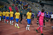 Mamelodi Sundowns players during the Absa Premiership match between Mamelodi Sundowns and Maritzburg United at Lucas Moripe Stadium on September 21, 2019 in Pretoria, South Africa. 