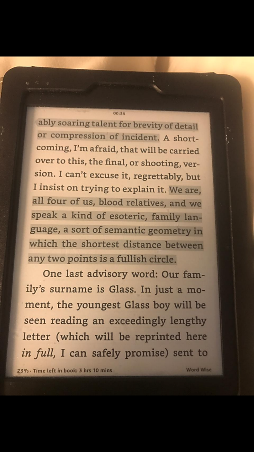 The highlighted quote reads: "We are, all four of us, blood relatives, and we speak a kind of esoteric, family language, a sort of semantic geometry in which the shortest distance between any two points is a fullish circle."