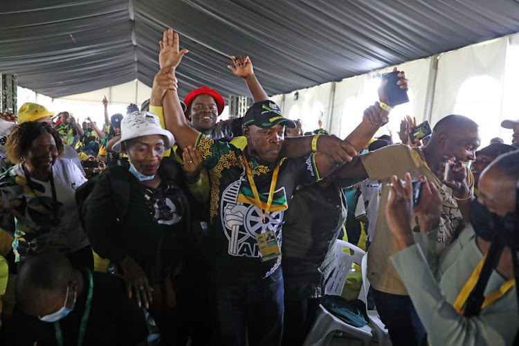 ANC members celebrating Muzi Chirwa winning the position of secretary in Mpumalanga during the provincial conference held at Witbank dam, Emalahleni.