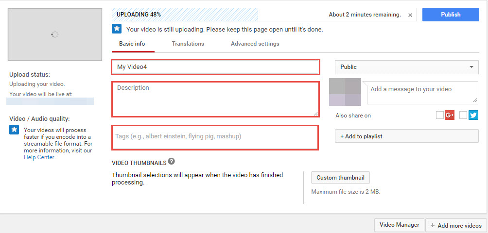 Screenshot of Youtube video upload