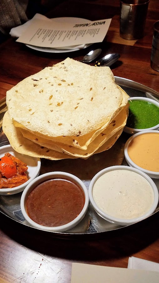 Dinner at Tiffin Asha, Chutney, a variety of housemade chutneys served with papadam.