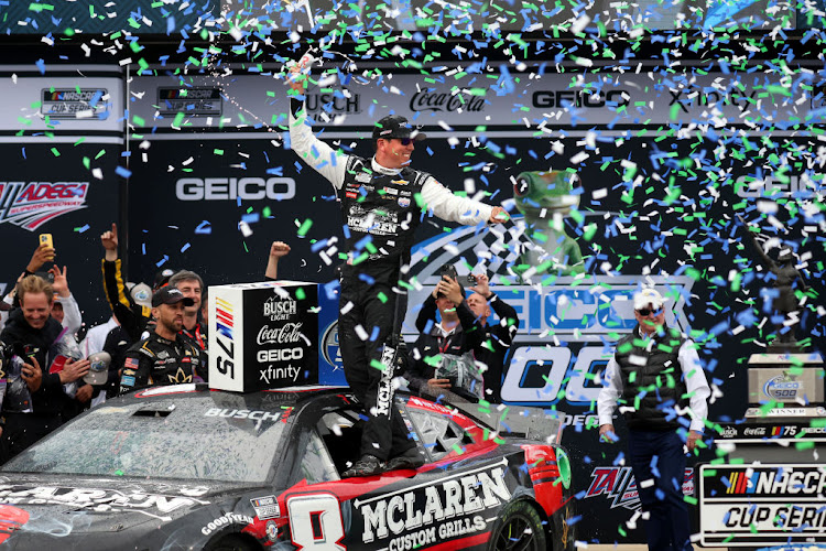 Kyle Busch celebrates in Victory Lane after winning the Nascar Cup Series Geico 500 at Talladega Superspeedway on April 23 2023 in Talladega, Alabama.