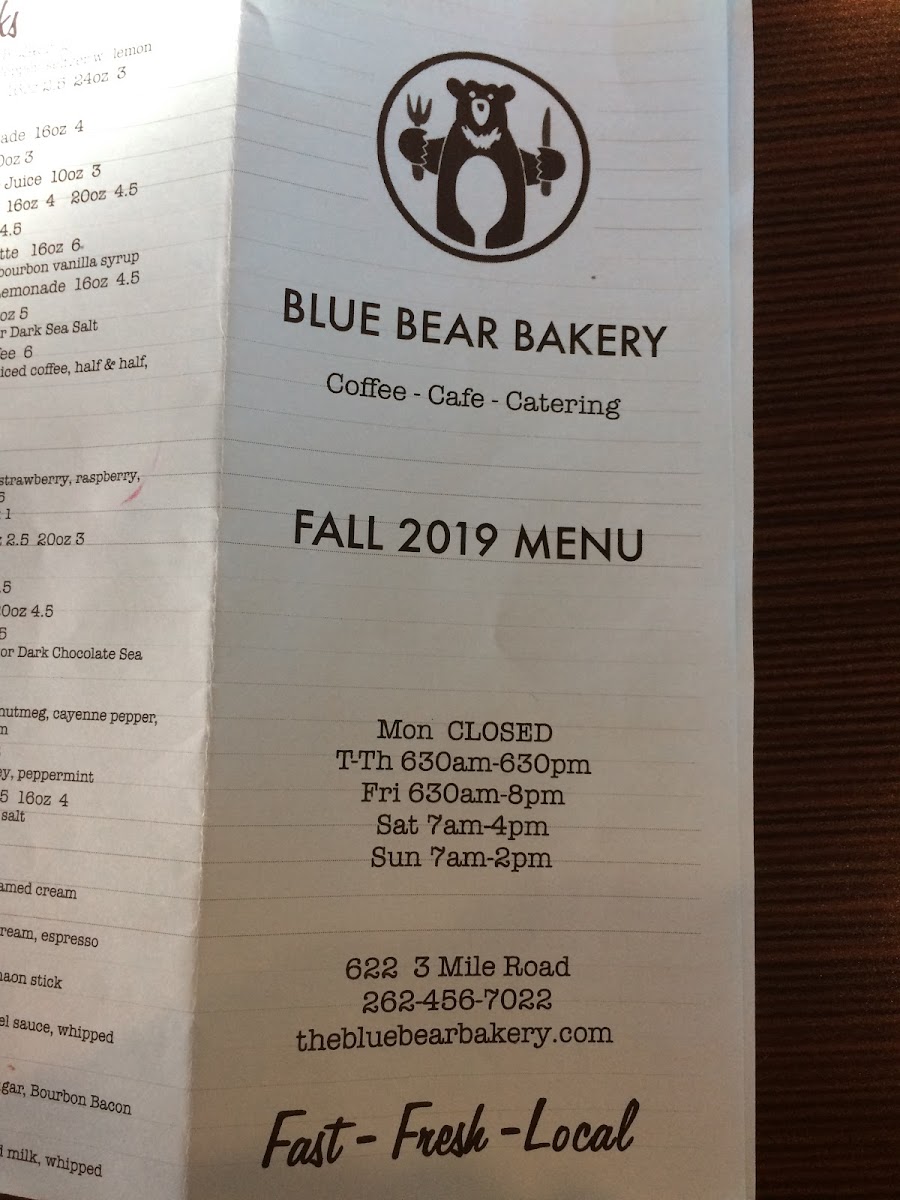 Blue Bear Bakery gluten-free menu